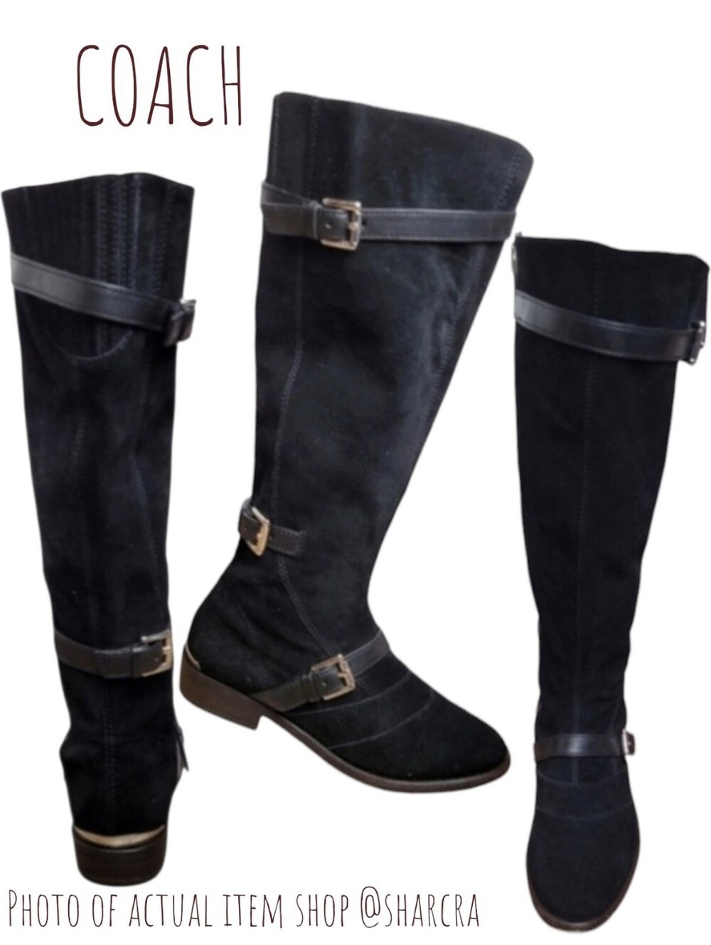 Coach Women Lawrencia Knee High black suede leather equestrian Riding Boots 5.5